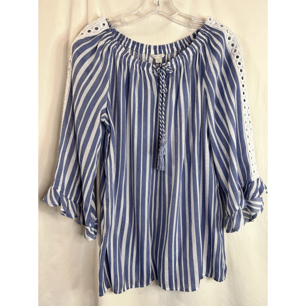 Cato Est. 1946 Preppy Blouse Top Shirt Boho Tie Tassel Large Beach Vacay Cruise